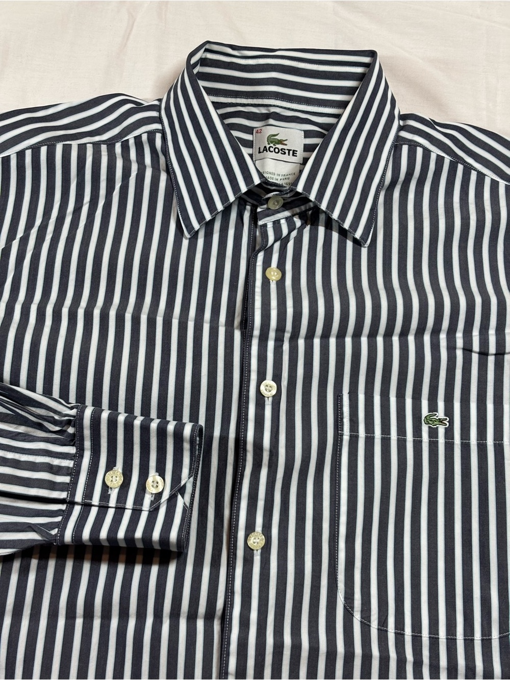 Lacoste Men’s Navy & White Vertical Stripe Dress Shirt